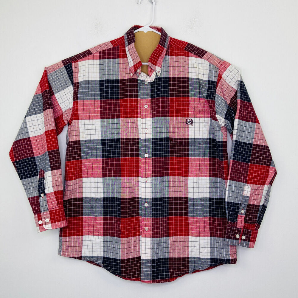 Cinch Men's Large Shirt Red Black Plaid Long Sleeve Logo Cotton Button Up CK3
